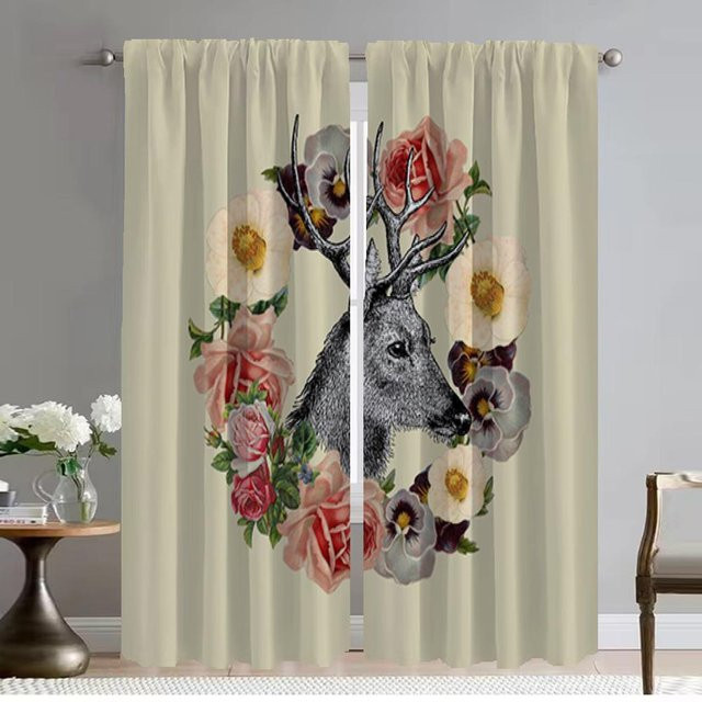 Zweierpack Elegante Zimmer Vorhänge mit Tier- und Blumenmuster in Beige, Breite: 50 cm, Höhe: 70 cm - Bild 1