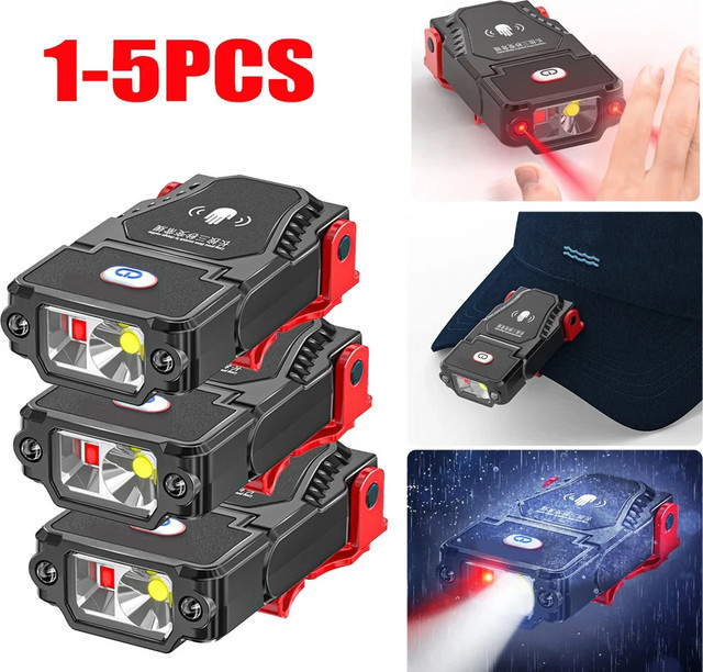 XIWANGFIRE LED-Sensor Scheinwerfer mit USB-Akku, schwarzer Clip-Scheinwerfer für Hut und Kappe mit einstellbarem Winkel für Camping und Arbeit - Bild 1