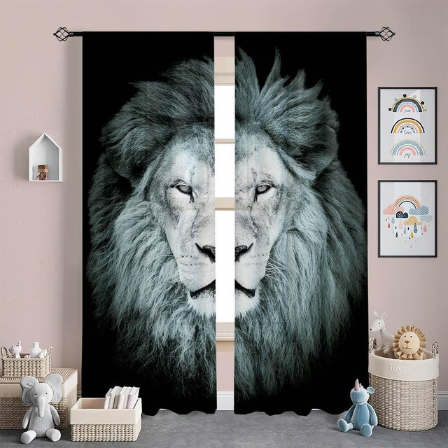 Dekorative 3D-Muster Vorhänge mit Tiger- und Löwen-Print aus Polyester, Schwarz, B: 50 cm, H: 140 cm, 2er-Set - Bild 1
