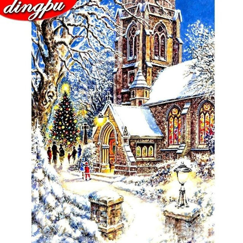 FIYO Diamond Painting Winterlandschaft als 5D Mosaik-Stickerei zur Weihnachtsdekoration, mehrfarbig, B: 30 cm, H: 20 cm - Bild 1