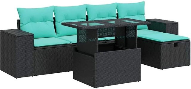 vidaXL 6-teilige Garten-Sofagarnitur in L-Form aus grauem Poly-Rattan und Akazie mit UV-beständigen Kissen - Bild 1