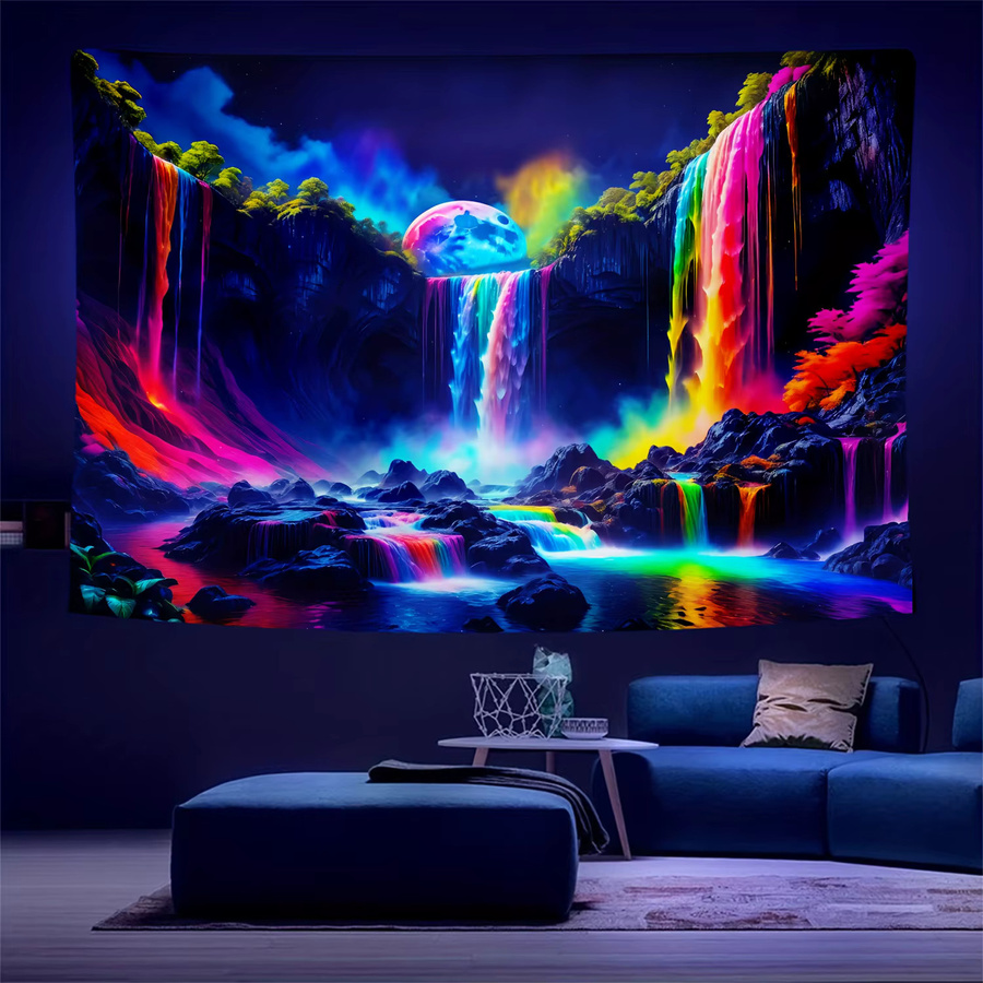 VIKAMA Leuchtender Regenbogen-Wasserfall-Wandteppich in Multicolour mit psychedelischer Neon-Landschaft als Wandbehang für Schwarzlicht-Partys - Bild 2
