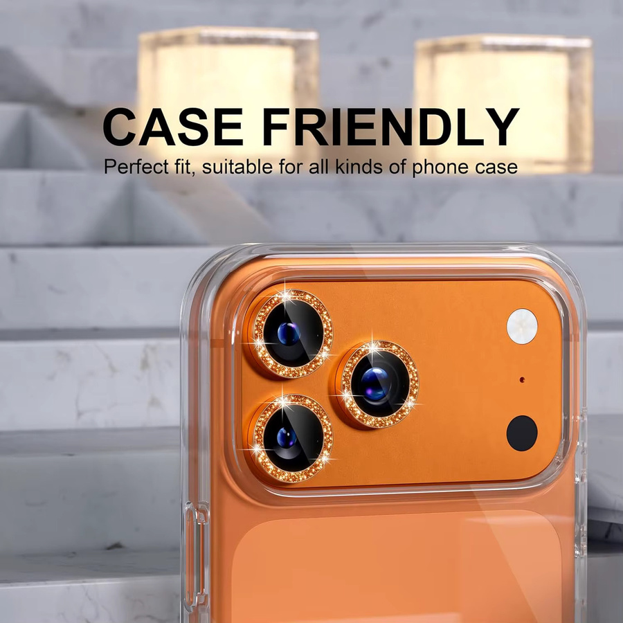Glitzernde Kameraobjektiv-Schutzhülle von NYFundas für iPhone 17 Pro Max, 16 Plus, 15, 14, 13 Mini in Orange und Silber - Bild 3