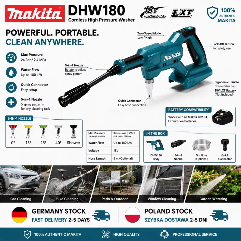 Makita DHW180 Tragbarer Akku-Hochdruckreiniger 18V mit Wassersprühpistole für Auto, Garten und Außenreinigung - Bild 6