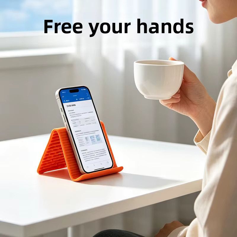 Faltbarer und verstellbarer Telefonständer aus Silikon in Grau und Orange, universeller Schreibtischhalter und tragbare Tablet-Halterung mit mehreren Winkeln für Büro und Zuhause - Bild 4