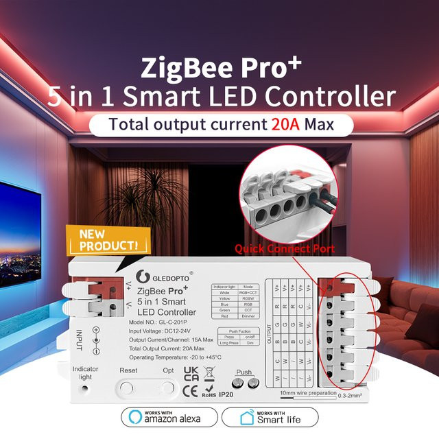 GLEDOPTO ZigBee 3.0 Pro+ LED-Streifen-Controller für RGBCCT RGBW RGB CCT und Dimmer mit Sprachsteuerung über Alexa und App - Bild 1