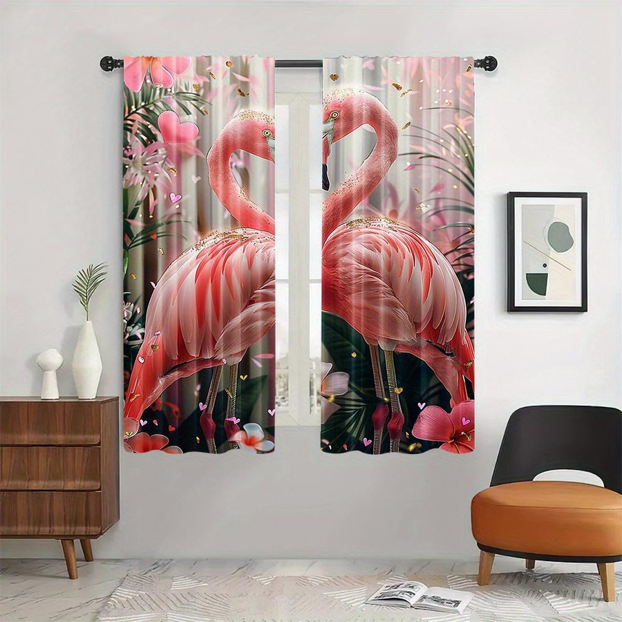 2er-Set Yiran Furniture Vorhänge mit Flamingo-Print in Rosa, halbtransparent, Polyester, Breite: 135 cm, Höhe: 185 cm - Bild 2