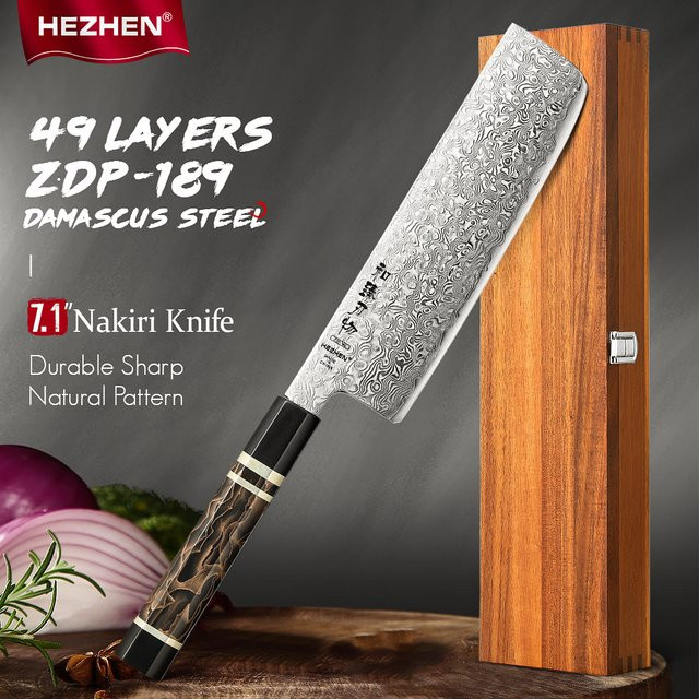 HEZHEN Nakiri-Messer aus 49-lagigem Damaststahl mit ZDP-189 Pulverkernstahl inklusive Holzbox - Bild 1