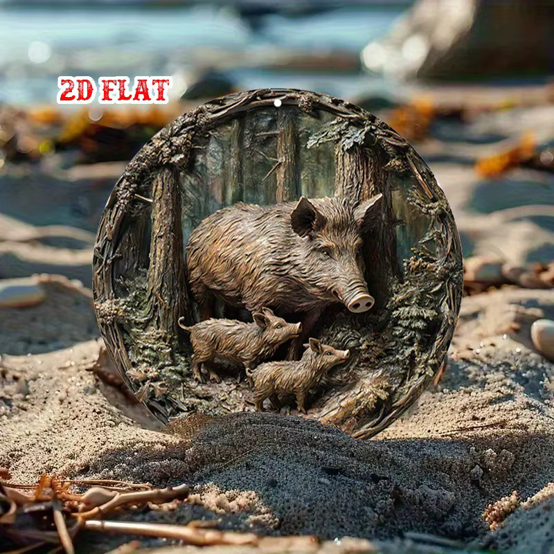 HELLOYOUNG Wildschwein-Familie Metall-Wandkunst rundes Aluminiumschild in Braun für Waldthema und Retro-Dekor - Bild 4