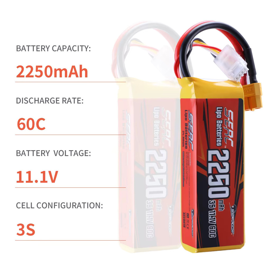 SUNPADOW 3S RC LiPo Akku 2250mAh 11,1V 60C mit XT60 Anschluss für RC Flugzeug, Quadcopter, Hubschrauber und Drohnen - Bild 3
