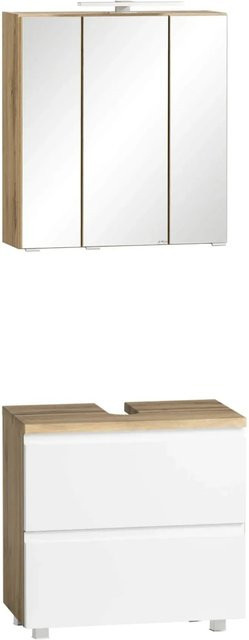 Held Möbel Ancona 2-tlg. Badezimmer-Set mit Unterbecken-Schrank und Spiegelschrank, matt Weiß-Wotaneiche, Breite: 60 cm - Bild 1