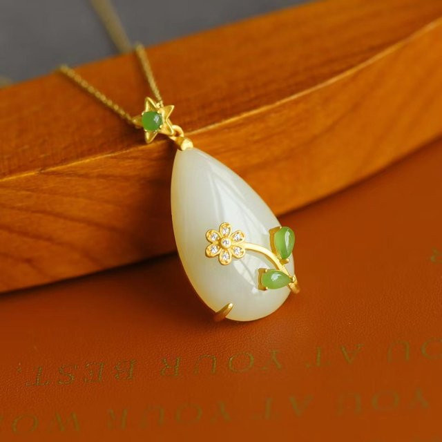 YIRAN Halskette, Wassertropfen Anhänger, Hotan-Jaspis, Blumenmuster, Damen - Bild 1