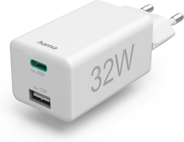 Hama Mini-Schnellladegerät mit 32 W, 1x USB-C und 1x USB-A, Weiß - Bild 1