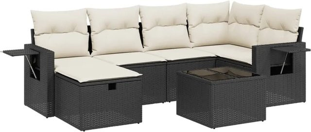 vidaXL 7-tlg. Garten-Sofagarnitur in L-Form mit Kissen und Polyrattan in Schwarz - Bild 1