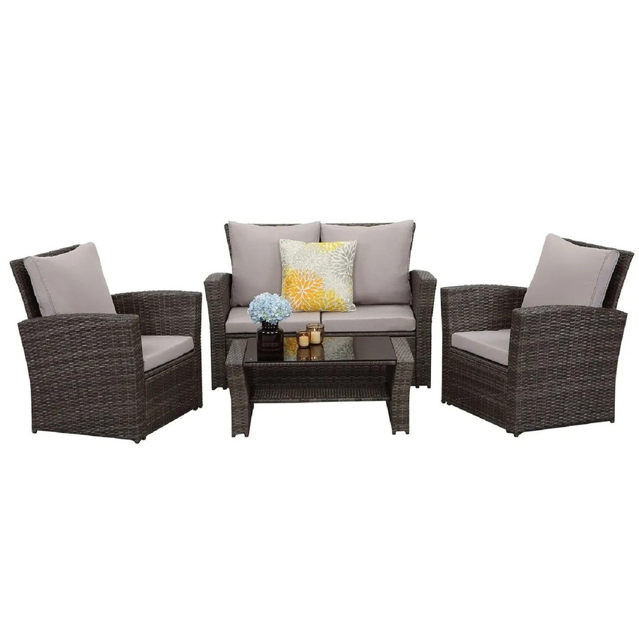 MeXo Poly Rattan Balkonmöbel Set für 4 Personen in Grau mit Polstern und UV-beständigem Stoff - Bild 2