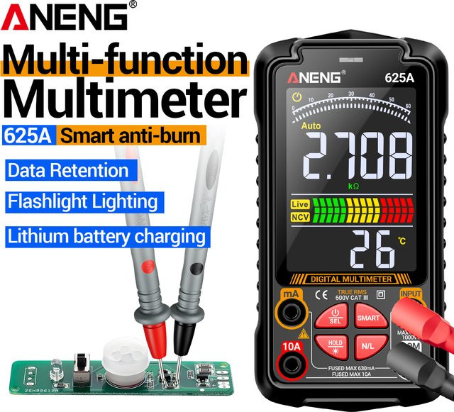 ANENG 625A Digital-Multimeter in Schwarz mit True RMS, 6000 Zählungen, 1000V AC/DC, 10A, NCV, Temperaturmessung und VA-Display, wiederaufladbar und mit automatischer Bereichswahl - Bild 1