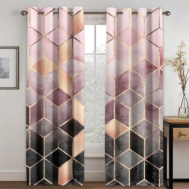 Yiran Furniture Set aus 2 dünnen Fenstervorhängen mit abstraktem geometrischem Ombre-Design in Grün und Gold, transparent, B: 135 cm, H: 185 cm - Bild 1