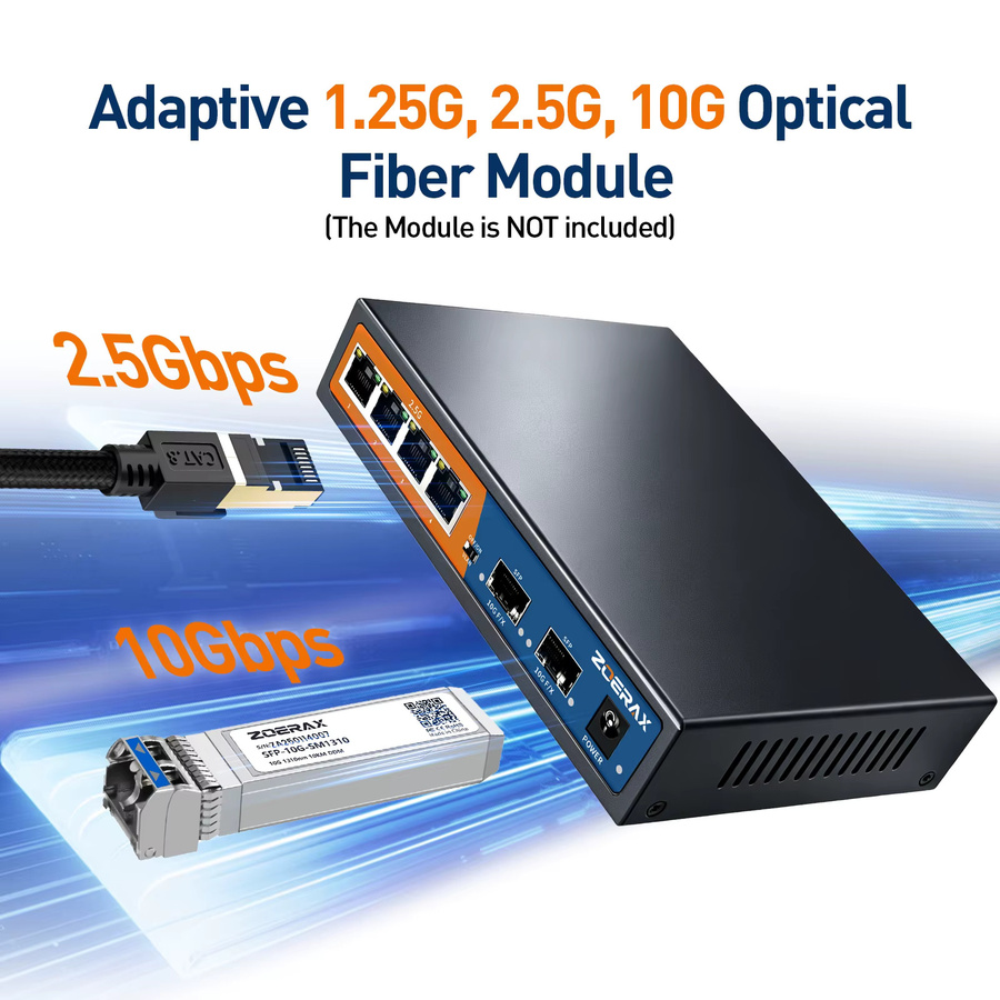 ZoeRax 6-Port Multi-Gigabit Ethernet Netzwerk-Switch mit 4-Port 2.5Gb RJ45 und 2-Port 10G SFP+, Unmanaged mit 4KV Blitzschutz und One-Key-VLAN, Schwarz - Bild 4