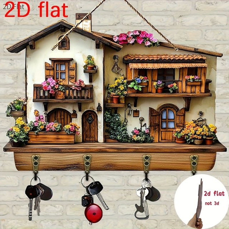 Multifunktionaler Wandkleiderhaken aus Holz mit floralem Design und vier Metallhaken in Mehrfarbig, Wanddekoration im Landhausstil - Bild 1