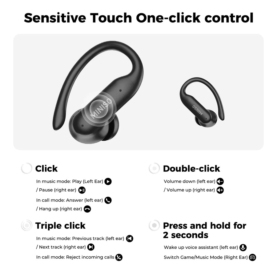 MINISO MS219 TWS Kabellose Bluetooth-Ohrhörer in Schwarz mit hautfreundlichem Ohrbügel für hohen Tragekomfort - Bild 4