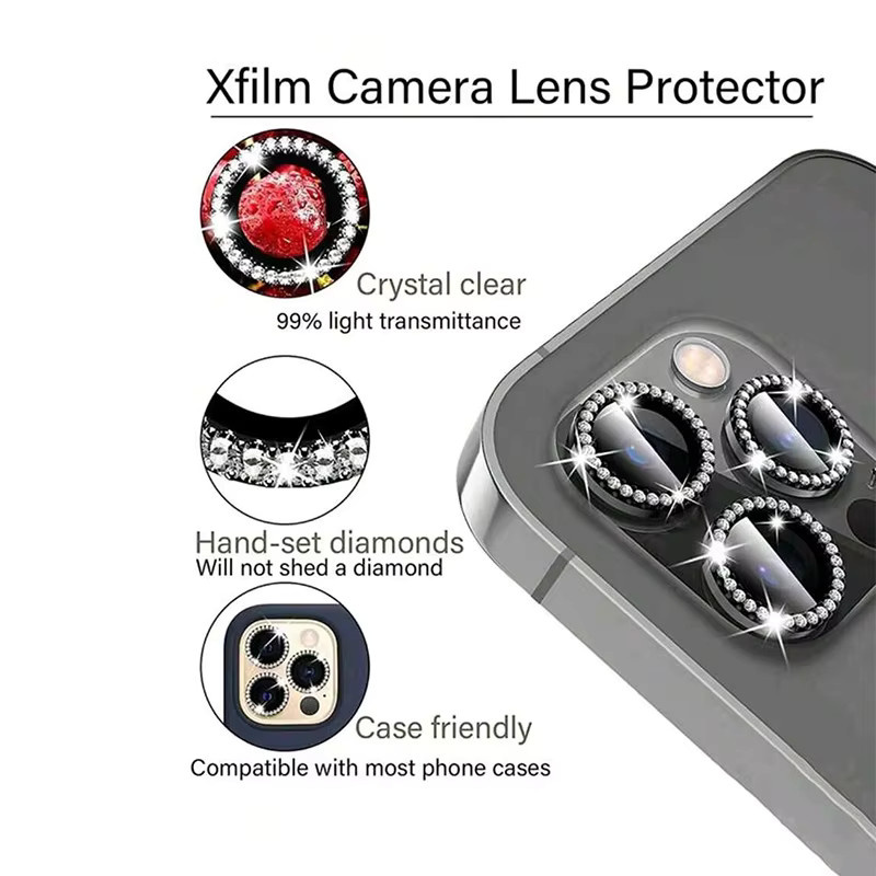 Bling Kameraobjektivschutzhülle mit Glitter und Diamanten für iPhone 17 16 15 14 13 12 11 Pro Max Plus inklusive Displayschutzfolie in Silber und Lila - Bild 4