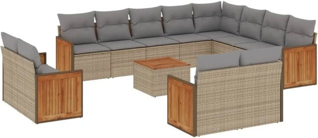 vidaXL 13-teilige Garten-Sofagarnitur aus Polyrattan und Akazienholz mit Kissen in Beige und Grau - Bild 1
