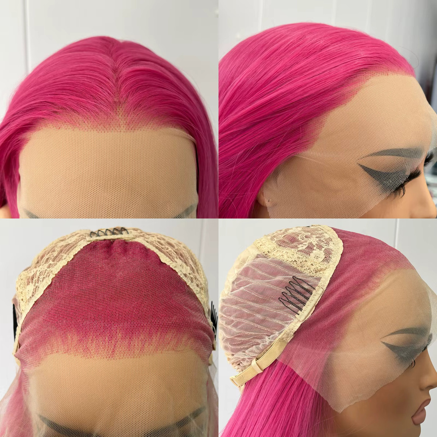 XiuQingCheng Perücke, lang, gerade, rosa, synthetisch, Lace-Front, Damen - Bild 4