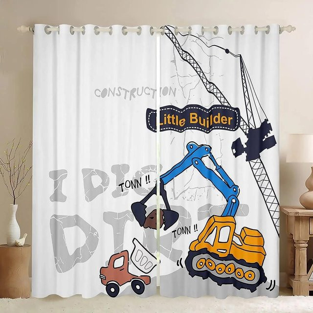 Yiran Furniture Kinder Vorhang mit Cartoon Baustellenfahrzeugen Bagger und LKW, 2er Set, Mehrfarbig, Breite: 70 cm, Höhe: 165 cm - Bild 1