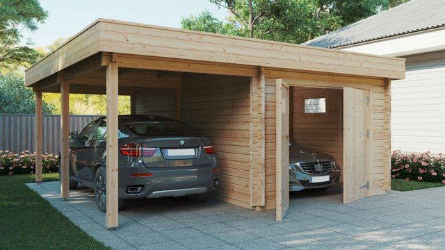 Holz-Fertiggarage Hansa H mit Carport, Maße: B: 6 m, T: 6 m - Bild 1