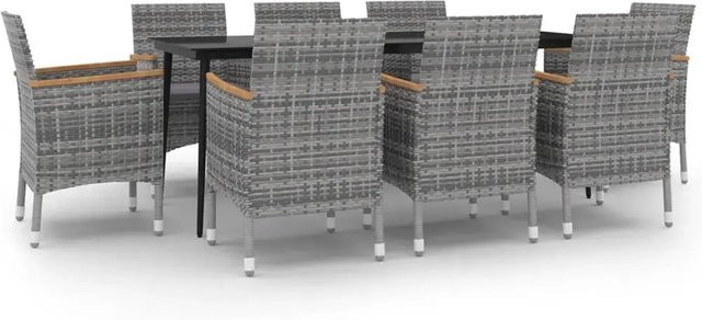 vidaXL 9-teilige Garten-Essgruppe aus Poly-Rattan mit Glasplatte und Kissen in Grau und Schwarz - Bild 1