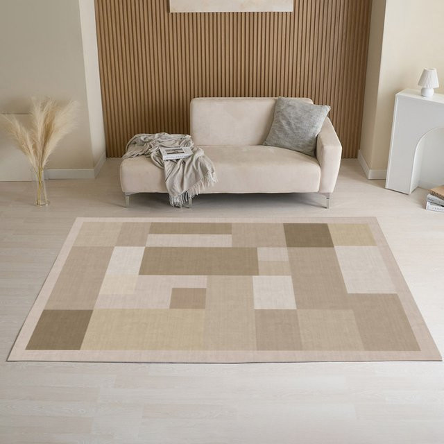VIKAMA Geometrischer Teppich Beige, Rutschfest und Waschbar, Modernes Design für Wohnzimmer und Schlafzimmer, B/T: 120 x 80 cm - Bild 1