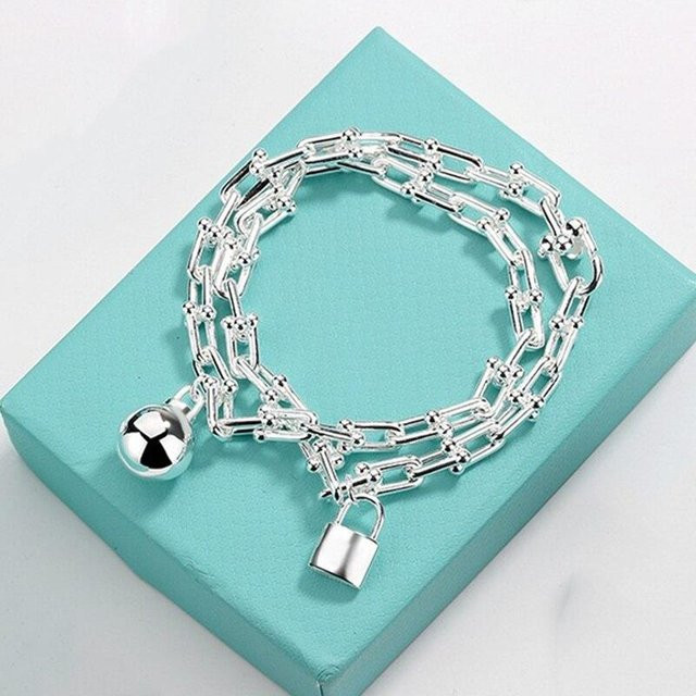 Armband 925 Silber, U-förmiges Schloss, Kugel Anhänger, Unisex - Bild 1