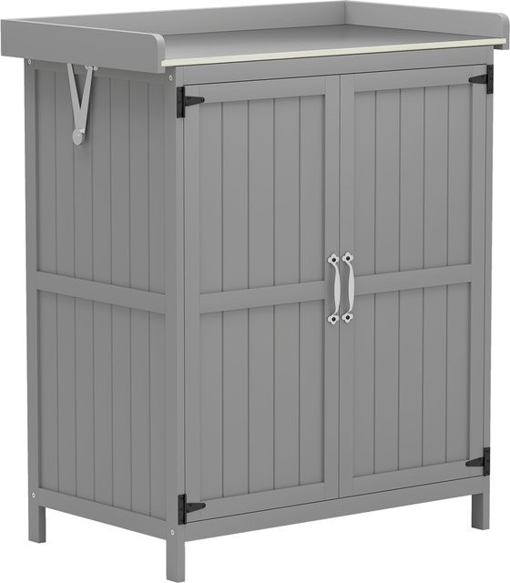 Outsunny Gartenschrank aus Holz und Edelstahl in Grau mit Klappdach und Ablagen, B/T/H: 74 x 43 x 88 cm - Bild 1