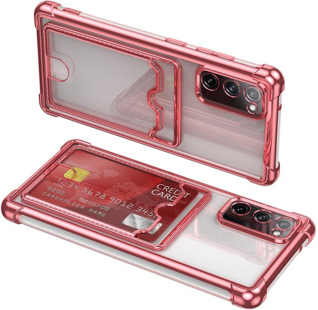 Stoßfeste Handyhülle mit Kartenetui für Samsung Galaxy S25 S24 S23 S22 S21 S20 Ultra Plus FE, transparent mit galvanisiertem Panzer-Cover, Farbe: Pink - Bild 1