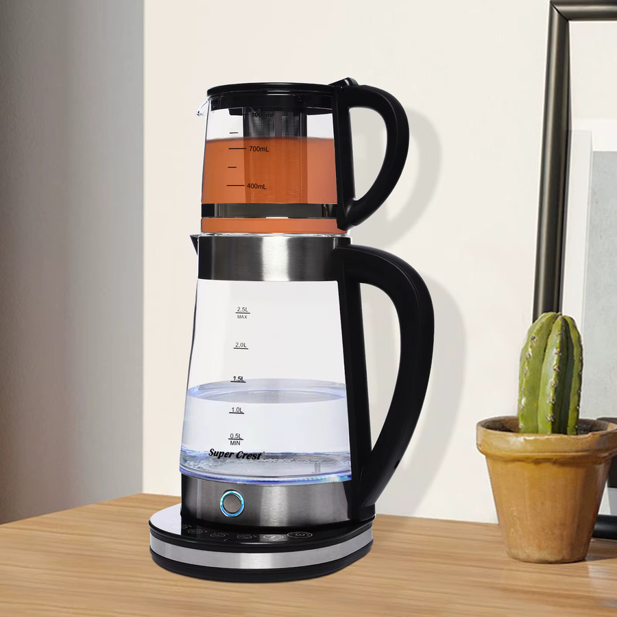 Bymaocar 2-in-1 Elektrisches Wasserkocher-Set mit Temperaturregelung und LCD-Display aus Edelstahl und Glas, 1500W, Silber/Schwarz/Transparent, 2,5 l und 1 l Fassungsvermögen - Bild 3