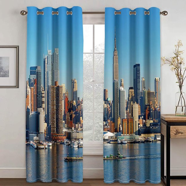 Verdunkelungsvorhang mit Sonnenuntergang und Stadtlandschaft Motiv, 2er-Set blau, B: 50 cm, H: 60 cm - Bild 1