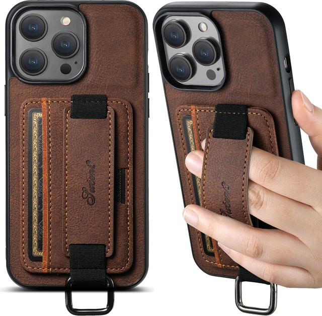 SUTENI Handyhülle mit Lychee-Haut-Print und Kartenhalter für iPhone 11 bis iPhone 17 Pro Max in Schwarz und Braun - Bild 1