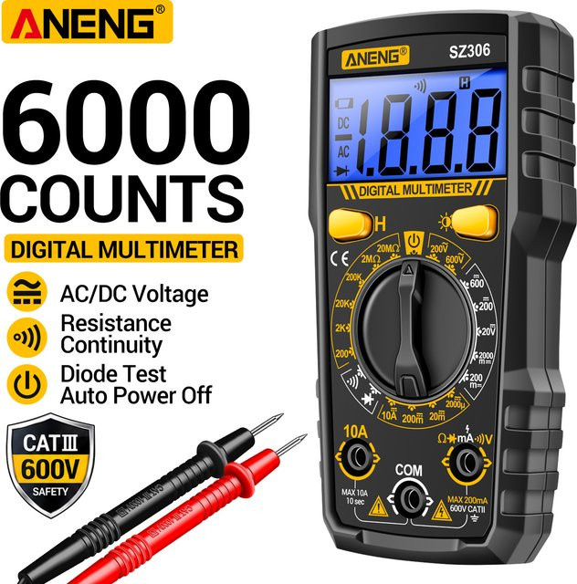 ANENG SZ306 Digitales Multimeter mit 1999 Messungen, 600V AC/DC, 10A DC Strom, Widerstand, NCV und Durchgangsprüfung in Rot und Schwarz - Bild 1