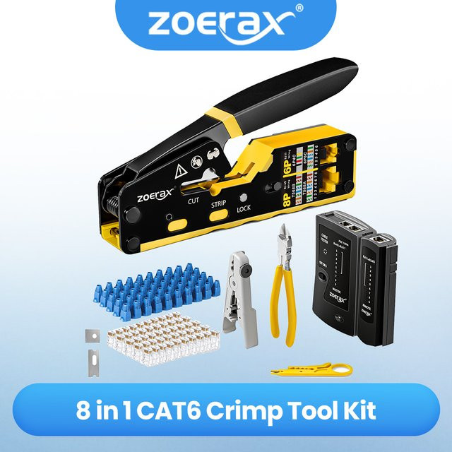 ZOERAX 8-in-1 Netzwerk-Crimp-Tool-Kit für RJ45 CAT6 CAT5E Ethernet/LAN mit Tester, Abisolierer und Zubehör in Multicolour - Bild 1