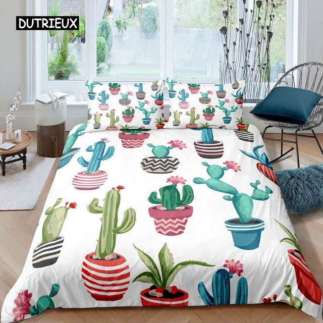 Bettwäsche-Set Kaktus-Design von Binchi Outdoor Product, Grüne Pflanze Natur-Kunstdruck, Material Mikrofaser Polyester, Farbe Grün/Weiß, B/H: 135 x 200 cm - Bild 1