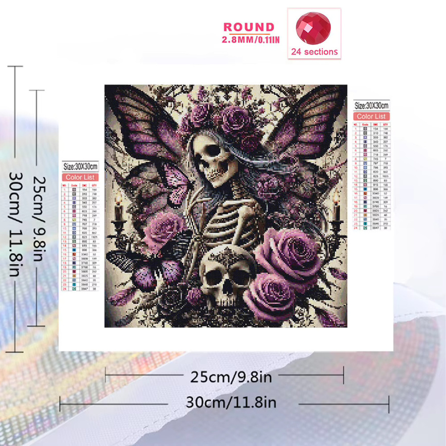 Momoart DIY Skelett-Diamant-Stickerei Horror Porträt mit Blumen und Schmetterling, Multicolour, B/T/H: 20 x 20 x 20 cm - Bild 2