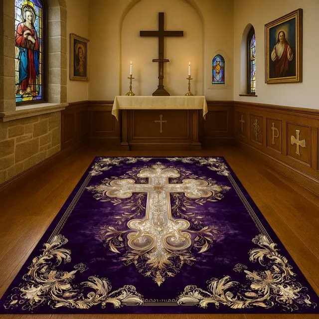 Kirchenkreuz-Teppich mit Goldmuster in Lila und Schwarz als rechteckige Bodendekoration für dein Wohnzimmer - Bild 1