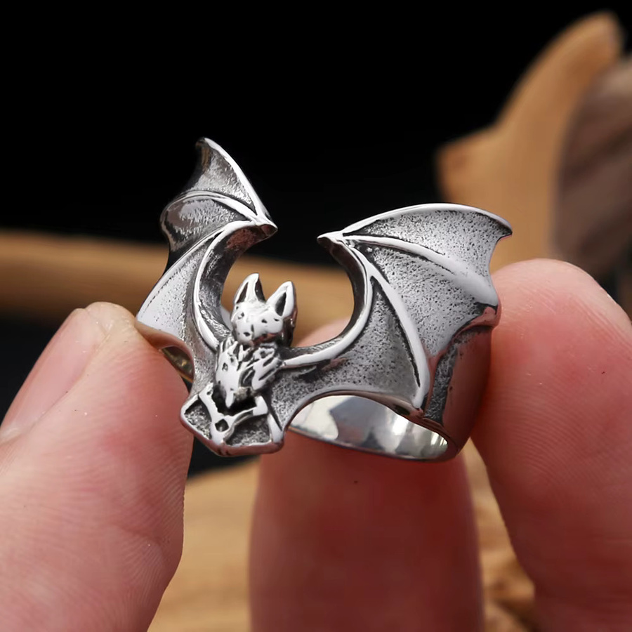 owlucky Fledermaus Ring, Edelstahl, Silber, Unisex, Vintage - Bild 4