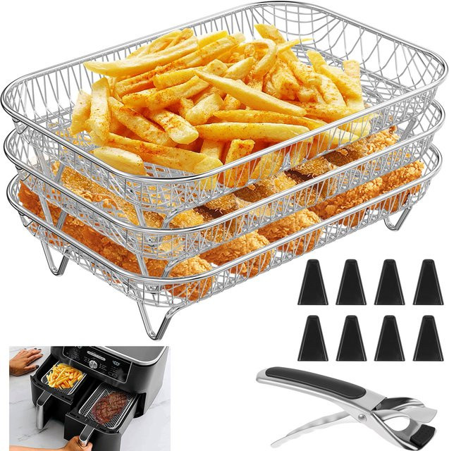 Ninja Luftfritteuse Zubehör Set: 3-lagiges Stapel-Speck-Rack aus Edelstahl in Silber für Ninja Dual Basket - Bild 1