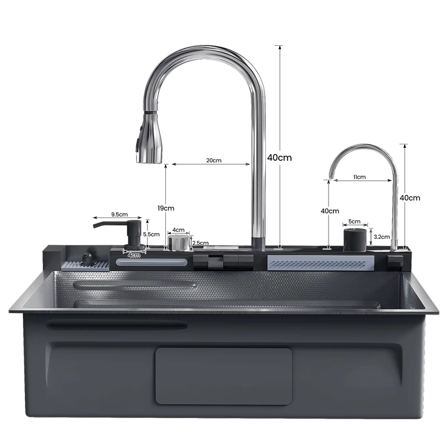DWiusty Edelstahl-Küchenspüle in Silber mit Armatur, Digitalanzeige, großem Einzelbecken und Wasserfall-Regenfunktion sowie 5-Funktionen-System - Bild 4