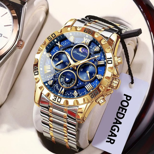 POEDAGAR Chronograph, Quarz, Edelstahl, Blau, Herren - Bild 1