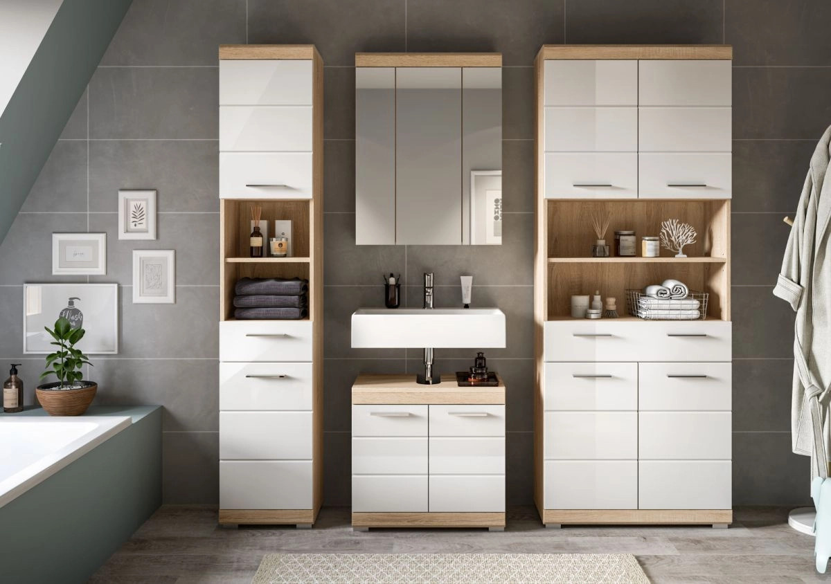 Badmöbel Set Mambo 4-teilig in Weiß Hochglanz und Eiche mit Waschtischunterschrank, Spiegelschrank und Hochschrank - Bild 3