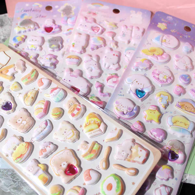 Kawaii 3D Puffy Aufkleber mit Cartoon Welpen Bär und Kaninchen in Multicolour für Scrapbooking und Journaling - Bild 1