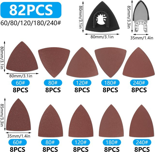 Sortiertes Set mit 62 oder 82 Schleifpads für oszillierende Multitools, Körnung 60/80/120/180/240, geeignet für Holz, Kunststoff und Metall - Bild 1