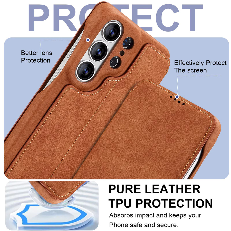 Luxuriöse Lederhülle mit magnetischem Kartenfach und Standfunktion für Samsung Galaxy S26 Ultra, S25 Plus, S24 und S23 in Braun - Bild 3